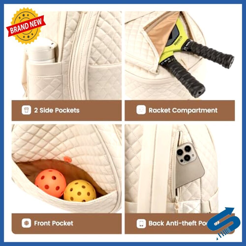 Quilted Tennis Racket Backpack, 23L Capacity, Adjustable Straps, Multi-Pocket - Picture 5 of 6